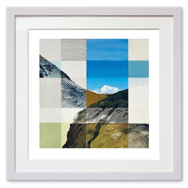 Qunstwerk - Malerei gerahmt | Alpine Landschaft, Mont Blanc - Acryl, Transfer und Tusche auf Papier